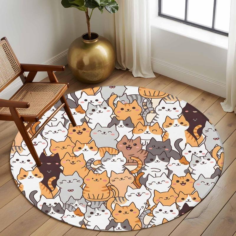 Bunte Zeichentrickkatzen Runder Teppich Niedliches Katzenmuster Wasseraufnahme Rutschfest Rutschfest Wohnzimmer Schlafzimmer Arbeitszimmer Küche Dekor