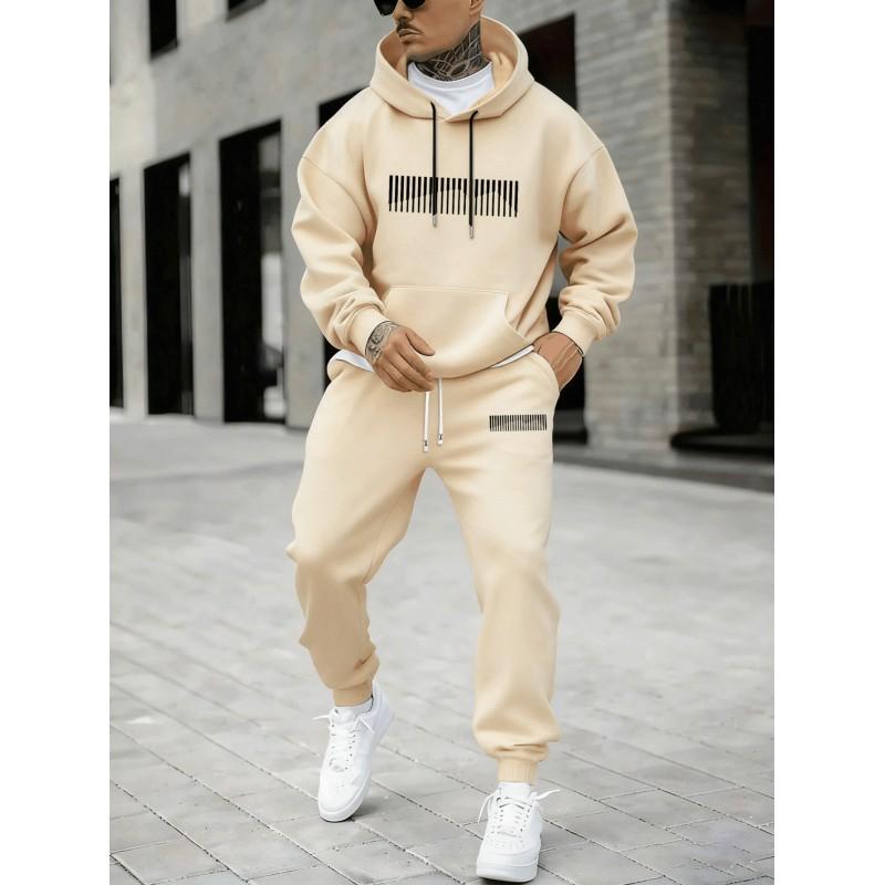 Mens Casual Hooded Tracksuit Set Fleece Lined Loose Fit Printed Streetwear Teens Young Adults