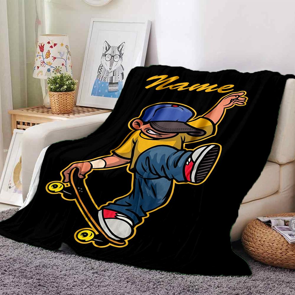 Custom Name skateboard Theme Printed Blanket - Perfect for Couch, Bed, Travel & Outdoor Use | Machine Washable, Cozy & Durable.