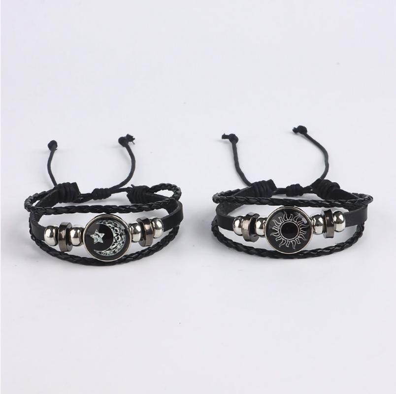 Unisex Handmade Sun & Moon Gemstone Leather Bracelet