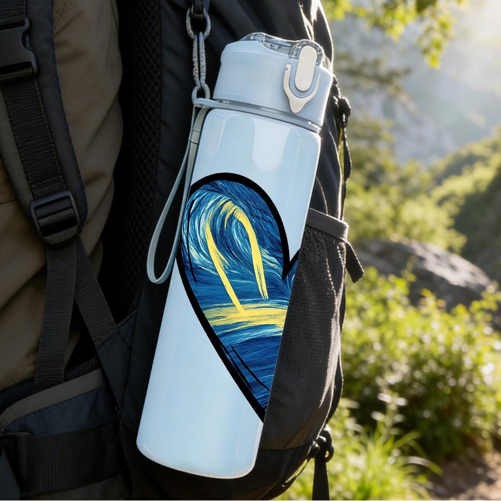 1PC Blue Wave Heart Line Art 750ml Color Plastic Sports Water Bottle Leakproof Flip Straw Lid Suitable for Sports Office Home Use