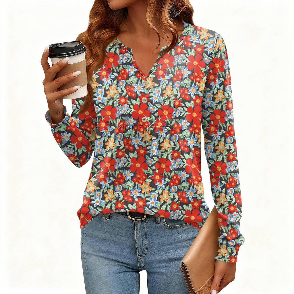 Women's Relaxed,Fit V,Neck Vintage Color,Blocked Floral Print Long,Sleeve Pullover Tee