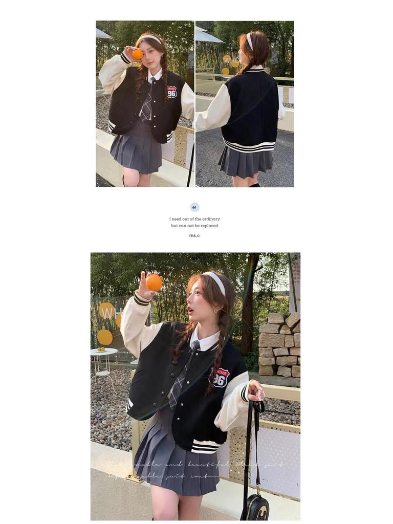 Women's Petite Color Block Baseball Jacket - 2025 Fall/Winter American College Style