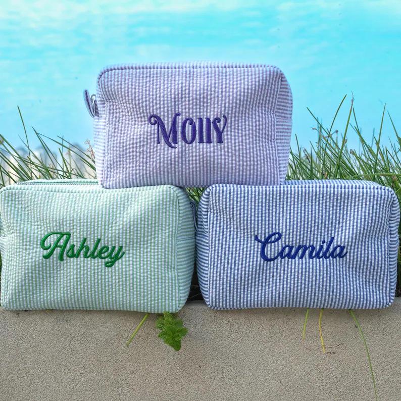 Personalized Seersucker Embroidered Striped Makeup Bag for Travel & Toiletries
