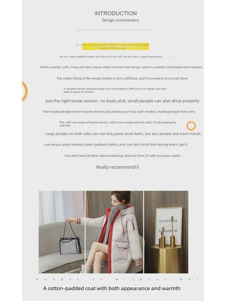 Dámská jednobarevná péřová bunda v korejském stylu - střední až dlouhá, zesílená, volný střih, stojáček, odolná proti chladu, velká velikost.