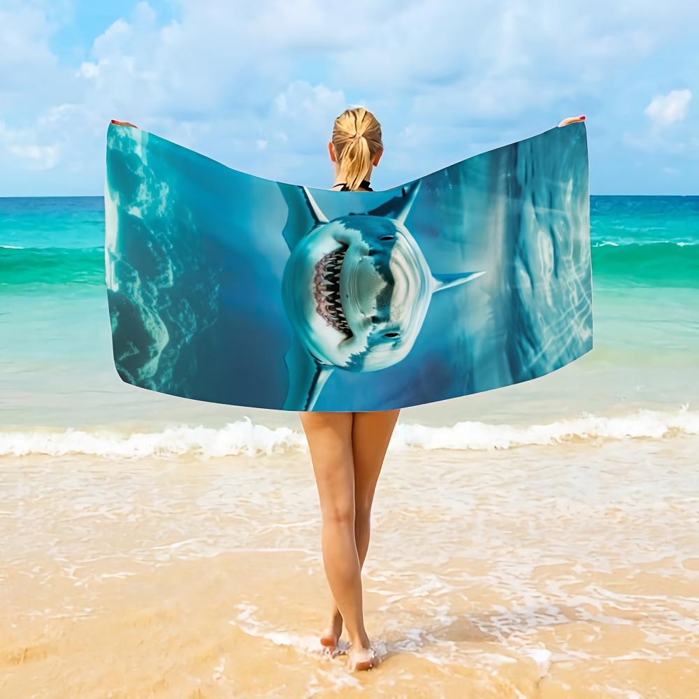 2D Flat Printed Microfiber Beach Towel 1 Piece Set Sandproof Waterproof Great White Shark Ocean Summer Pool Bath Towel Cool