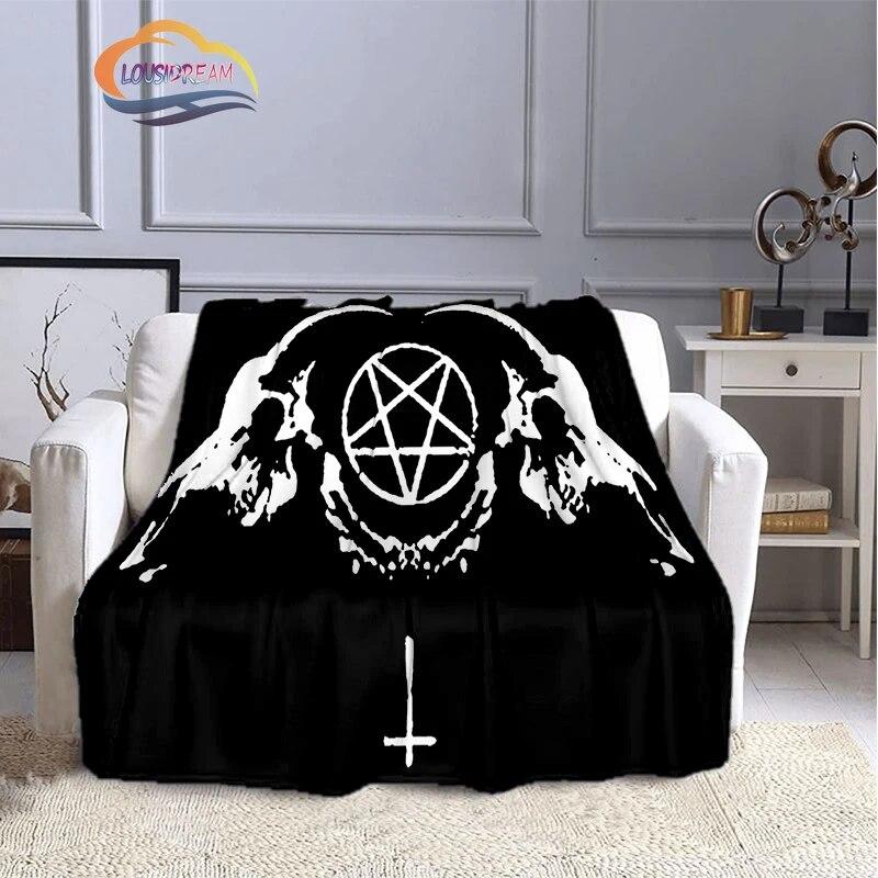 Pentacle & Moon flanellfilt, Skull Witchy Wicca Pagan Black and White Mystical Gothic Solfilt