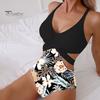 Monokini Estivo da Donna Profondo Scollo a V Senza Maniche Costume da Bagno Intero Colore Patchwork Hollow Out Schiena Scoperta Allacciatura Beachwear