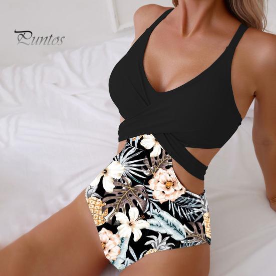 Monokini Estivo da Donna Profondo Scollo a V Senza Maniche Costume da Bagno Intero Colore Patchwork Hollow Out Schiena Scoperta Allacciatura Beachwear