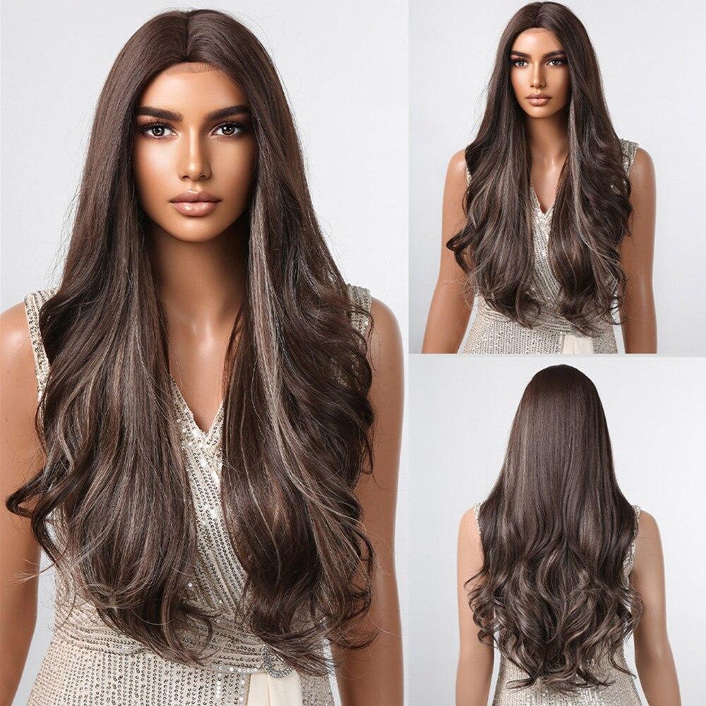 ALAN EATON Brown Highlight Wave Wig Long Synthetic Hairline Lace Wigs Natural Looking Heat Resistant Fiber for Women Party Daily
