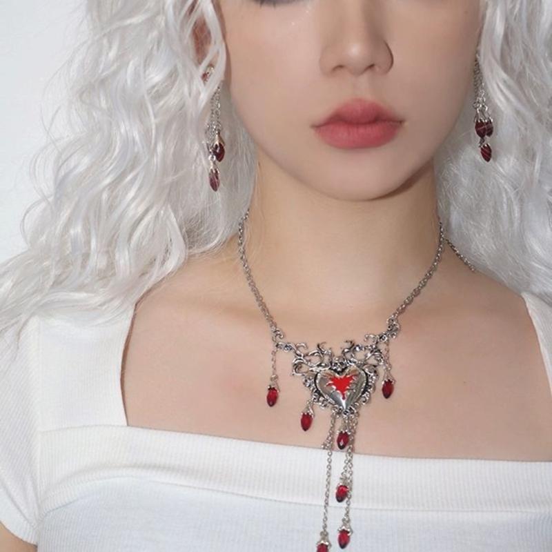 1 Set Niche Design Sense Red Dripping Diamonds Necklace Love Heart Earrings Halloween Christmas Fashion Retro Earrings