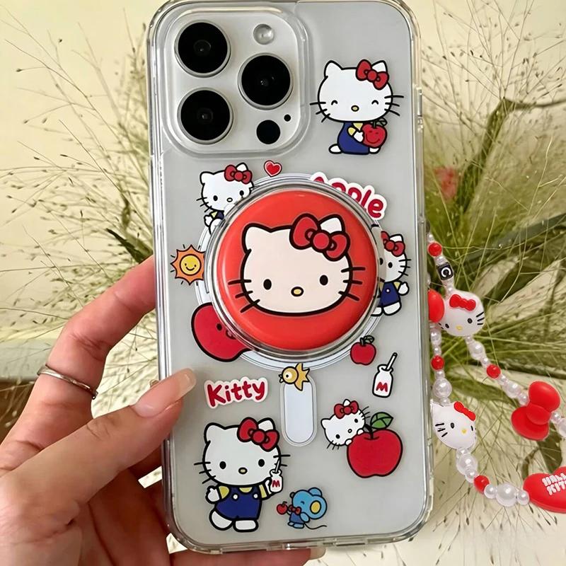 Magnetic Wireless Charging Hello Kitty Bracket Chain Case For Iphone 15 14 13 12 11 Pro Max 13 MINI XR XS Max 7 8 Plus SE Casing