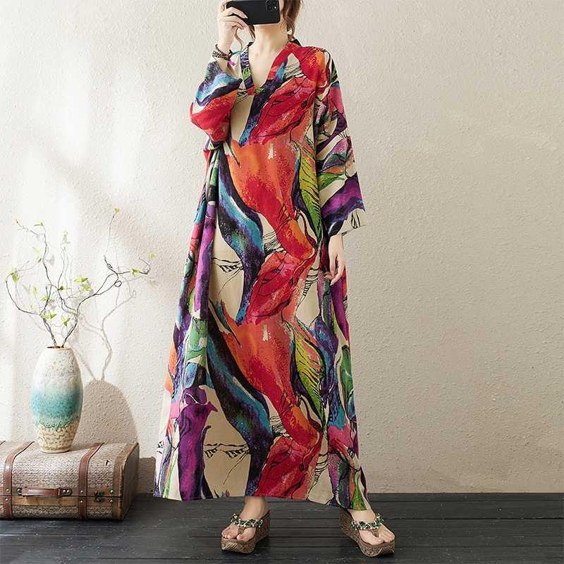 V-neck Loose Plus Size Simple Vacation Style Long Sleeve Women's Beach Dresses