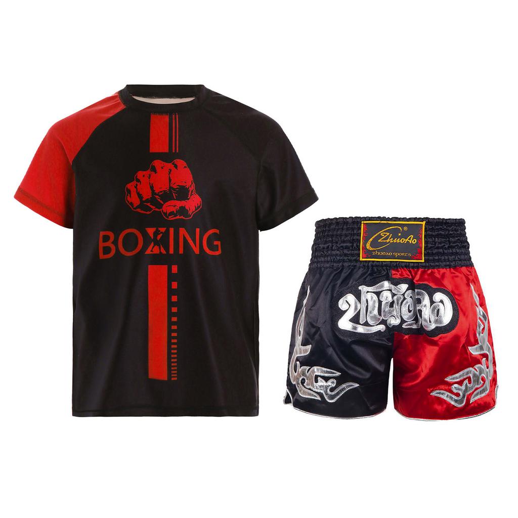 Dětský chlapecký boxerský tréninkový kostým, módní barevné bloky, patchworkové tričko s kulatým výstřihem, krátkým rukávem, atletický top s boxerskými kraťasy