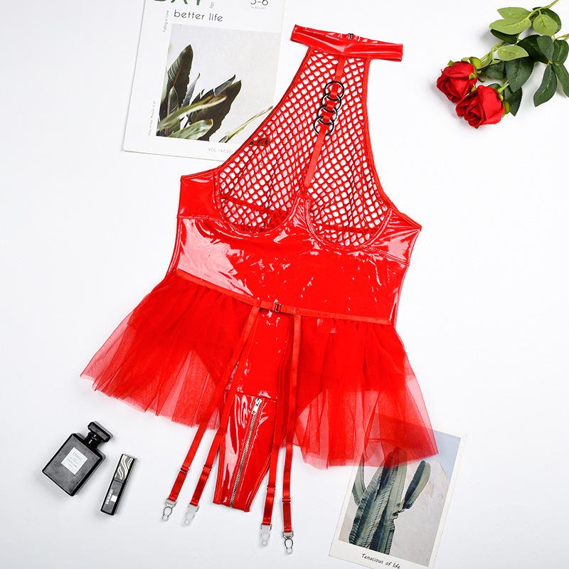 European & American Patent Leather Mesh Hollow-Out Sexy Lingerie Bodysuit Set