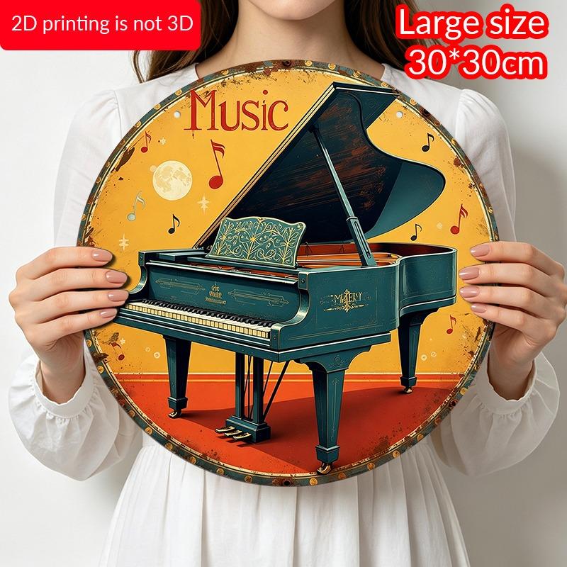 2D Flat Aluminum Decorative Plaques and Ornaments Sign, Hanging Wall Art with Classic Grand Piano Illustration, Retro Music Room Decor for Home