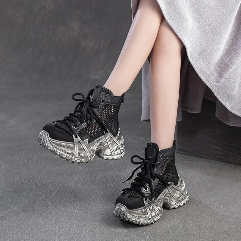 Johnature Vintage Genuine Leather Splicing Mesh Breathable Hollow-out Boots Women's Platform Shoes
