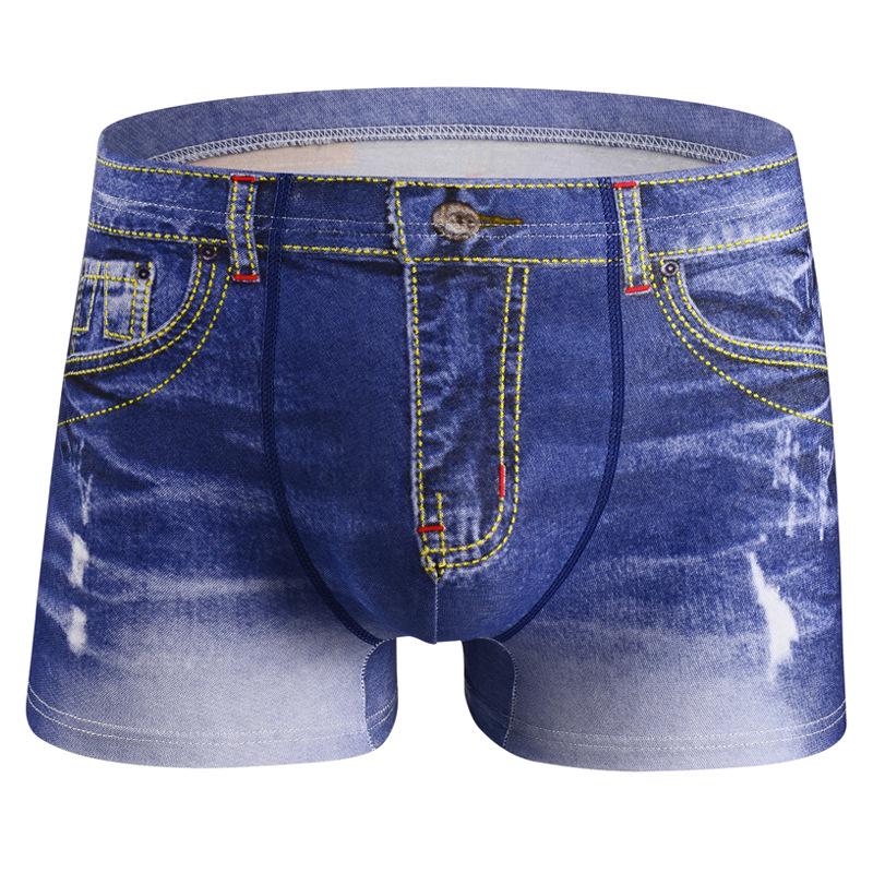 Módní pánské boxerky s potiskem inspirovaným džínovinou Trendy značkové slipy se středně vysokým pasem Prodyšné šortky ve stylu džínoviny