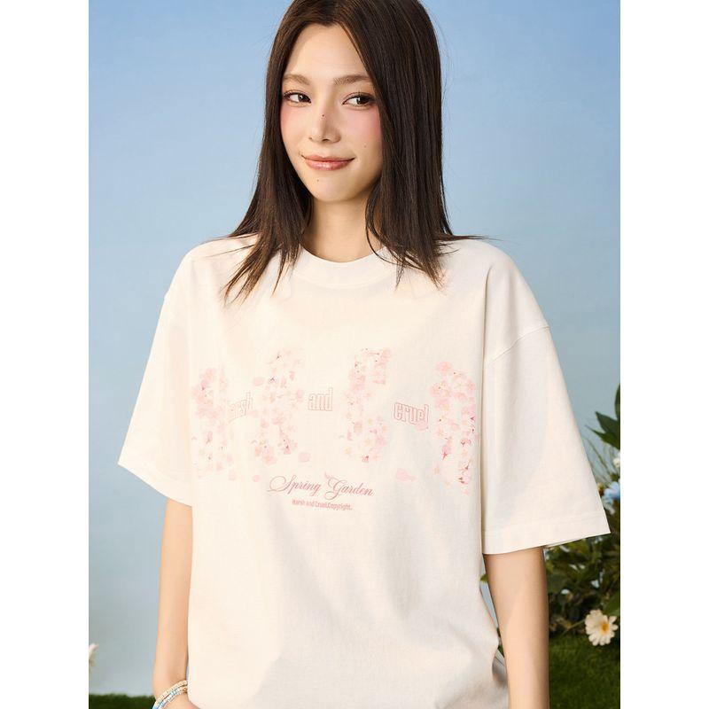 HACR | Harshandcruel Falling Cherry Blossom Loose round Neck Couple Chinese Fad Short Sleeve T-shirt for Men and Women