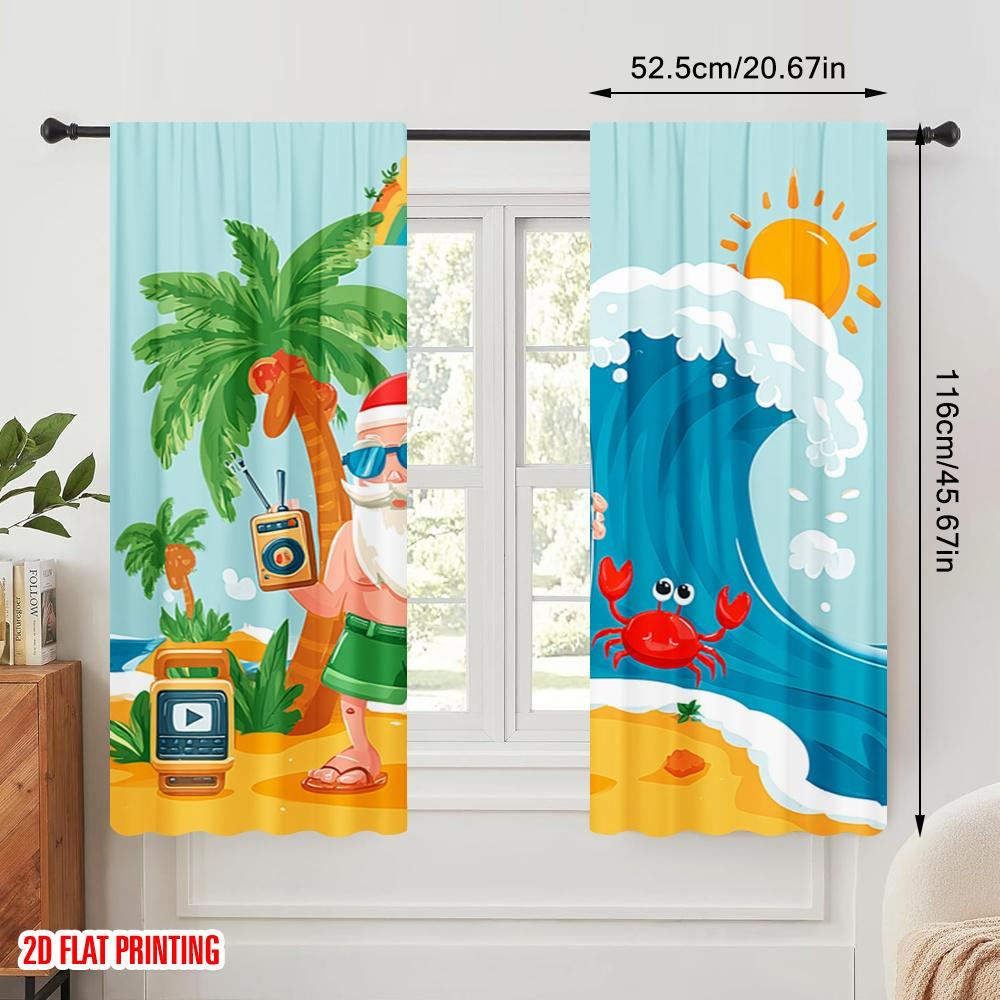 2pcs,2D Plane Printing Creative Curtains Santa Surfing Beach Versatile Polyester Fabric (without Rod) Decorations Inside Ldeal