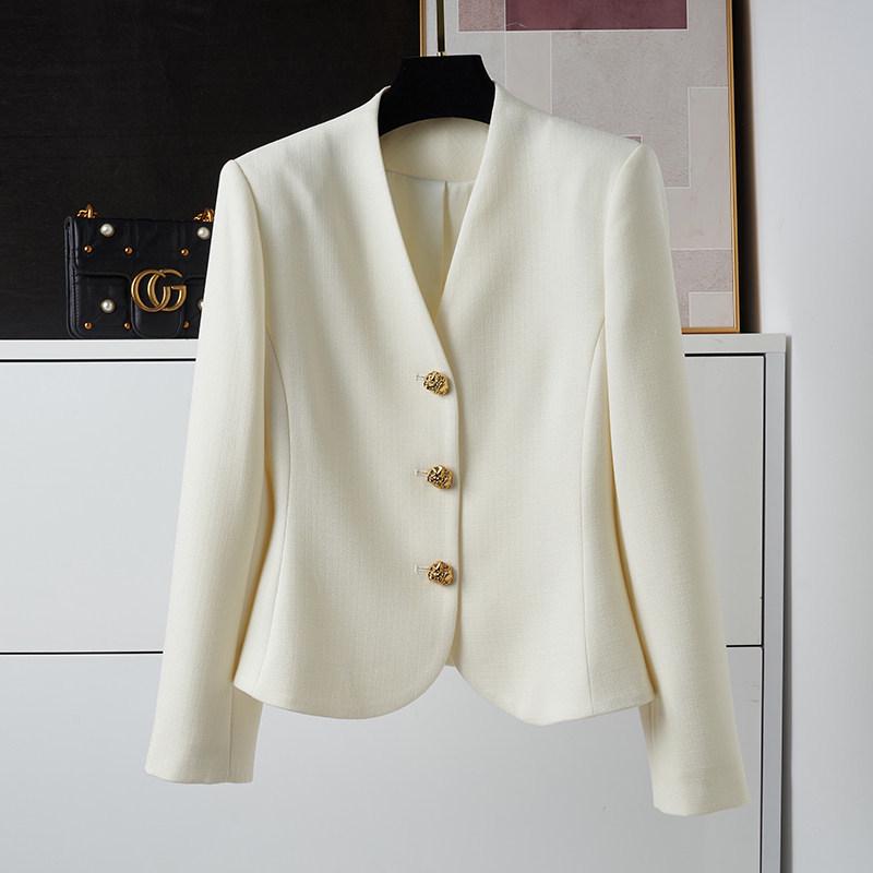 Elegant Women's V-neck Spring Blazer - French Acetate Design