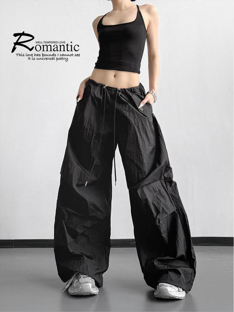 Women's Black Wide-Leg Paratrooper Pants - 2026 Spring Casual Outdoor Fashion