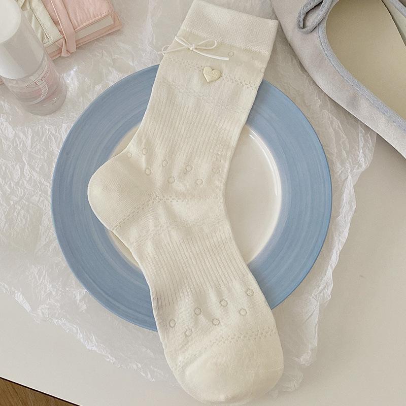 Grayish-white Socks, Women's Bow Mid-calf Socks, Summer Thin Mesh Hollowed-out Solid Color Versatile Pile Socks