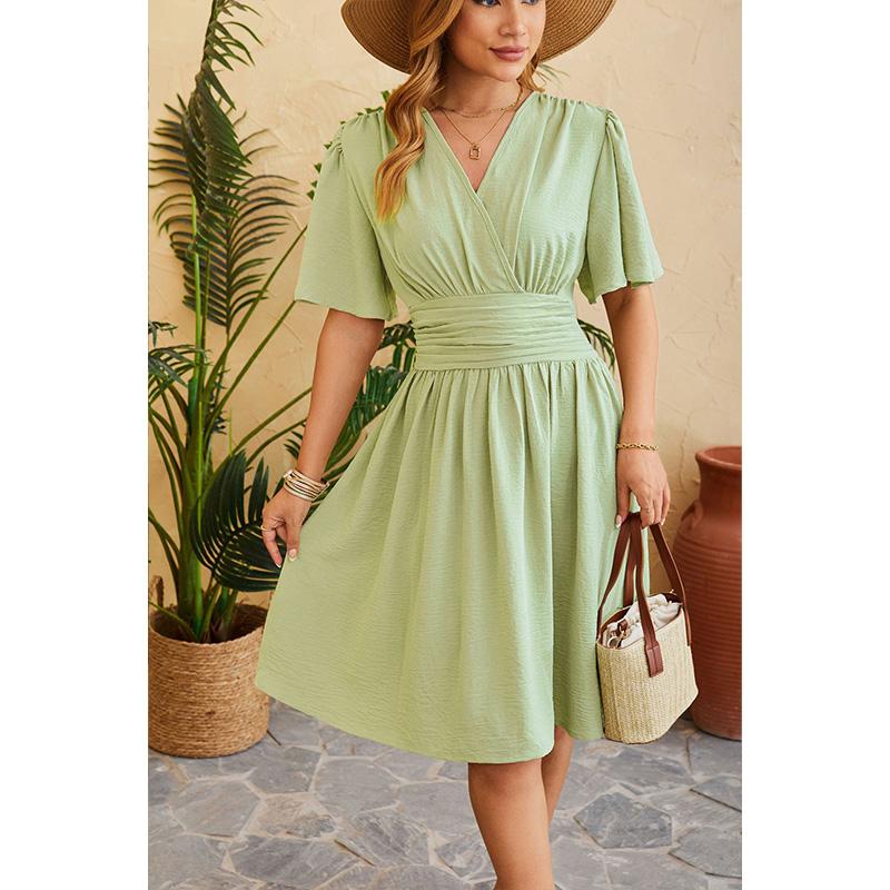 Damen V-Ausschnitt Glockenärmel Kleid Mit Gürtel Eleganter Bodycon Cocktailparty Kleid