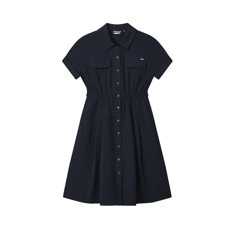 Fila White Simple Casual Daily Comfortable Waist-Defined Button Solid Color Versatile Short Sleeve Dress Women Dresses Legendary-Blue F11W523301FNV