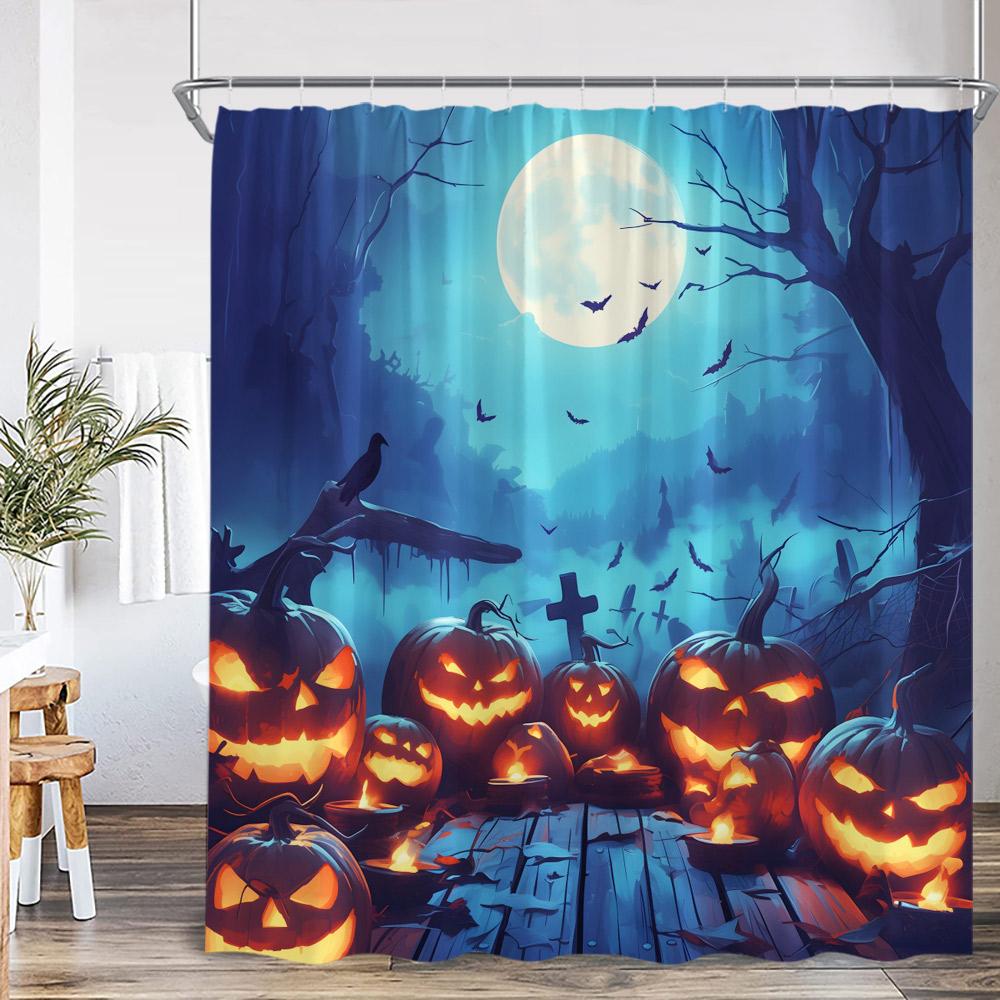 Haunted House Halloween Shower Curtain Full Moon Night Graveyard Pumpkin Lantern Gothic Castle Bathroom Decor Retro Bath Curtain
