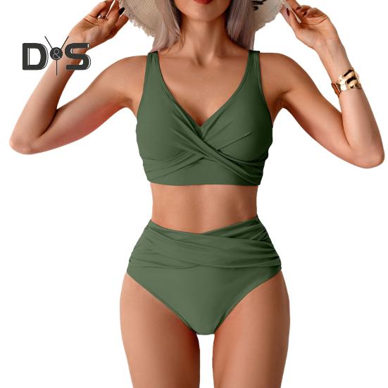 

Женский комплект бикини из 2 предметов, глубокий V-образный вырез, бюстгальтер без косточек, высокая талия, плавки, комплект, однотонный дизайн, раздельный дизайн, пляжная одежда S армия зеленый
