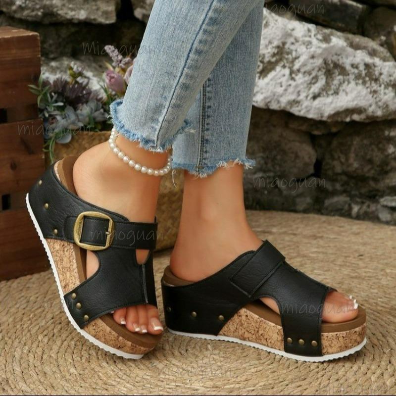 Fashion Women's Summer 2025 Slip-On Sandals Buckle Decor Wedge Soft Bottom Thick High Heel Outwear Mom Shoes Ladies Platforms Sandals