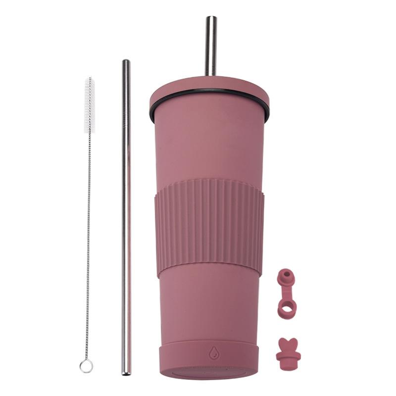 830Ml Stainless Steel Straw Cup Large Capacity Non-Slip Sleeve Straw Thermos Cup Simple Car Water Cup