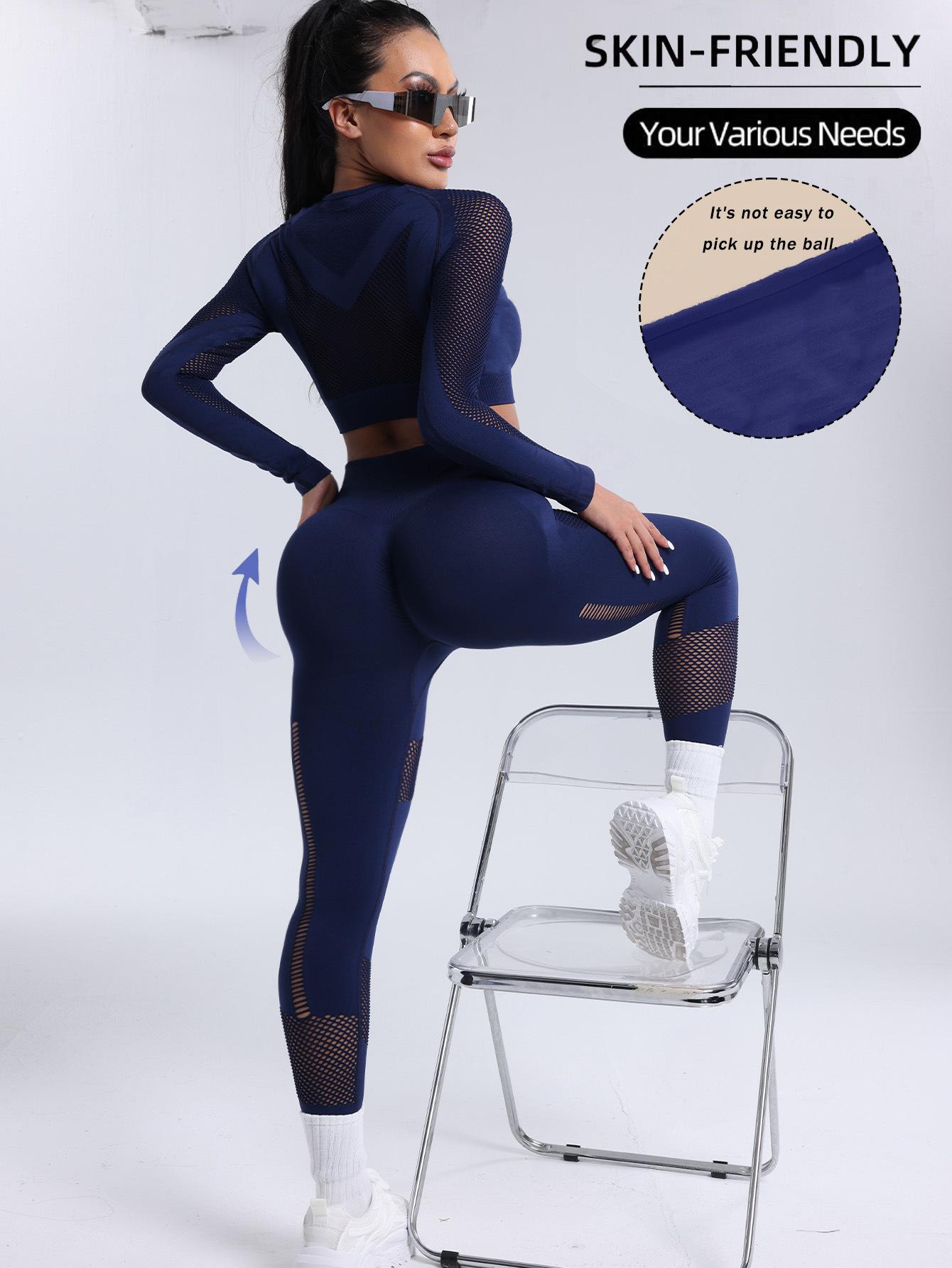 JYL Hollow Long Sleeve Pants Yoga Set Fitness Workout Outfit S алиса синий