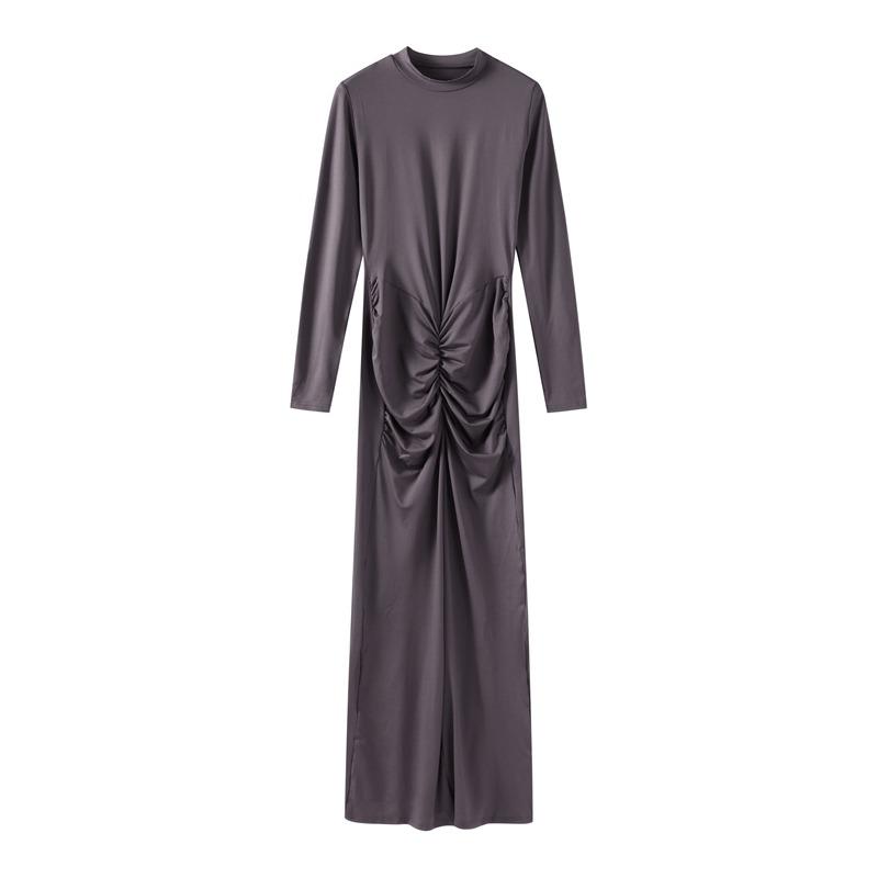 

Обтягивающее эластичное простое однотонное длинное платье с рюшами, женская осенняя мода, с длинными рукавами и круглым вырезом, базовая классическая юбка L серый
