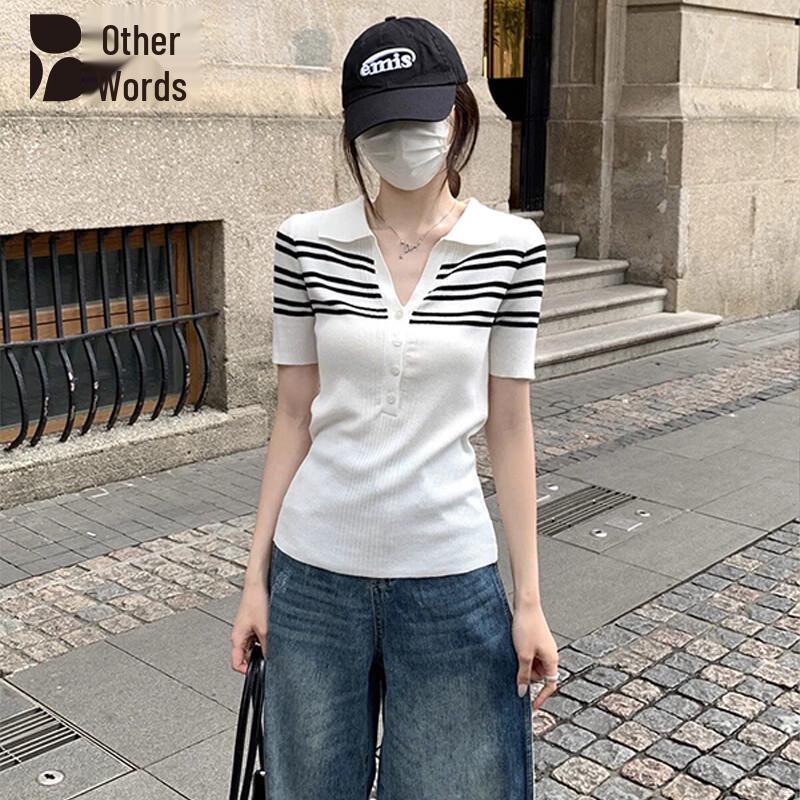 Women s Striped Knitted Polo Short Sleeve T-shirt One Size
