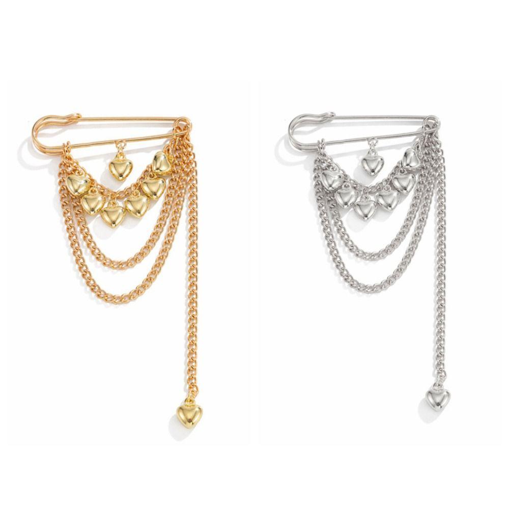 Iron Heart Brooch Pin Heart Shape Pendant Multi-Function Pin Fashion Chain Tassel Badge Daily