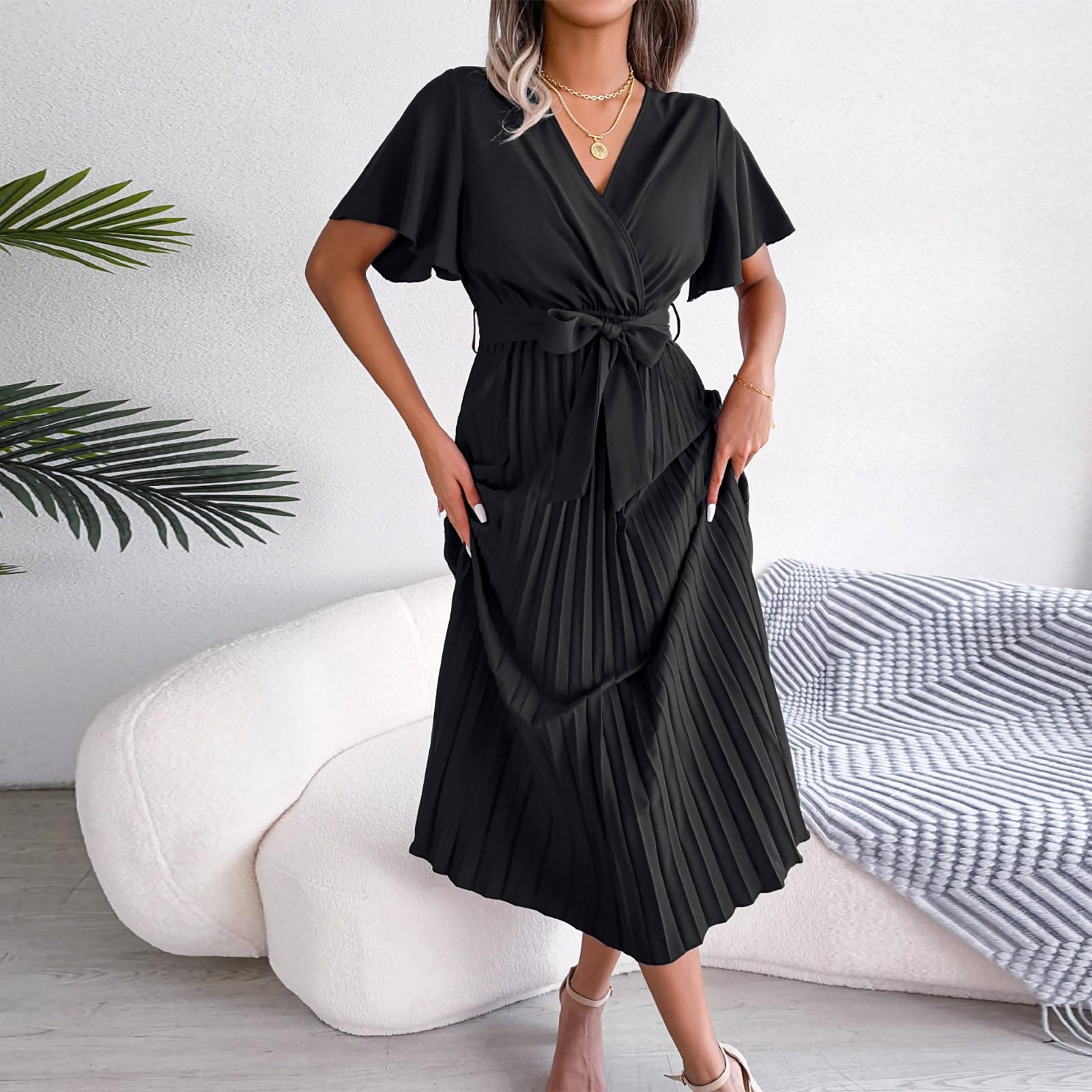 

New Fashionable Women s Cross V-neck Large Hem Pleated Long Dress L чёрный