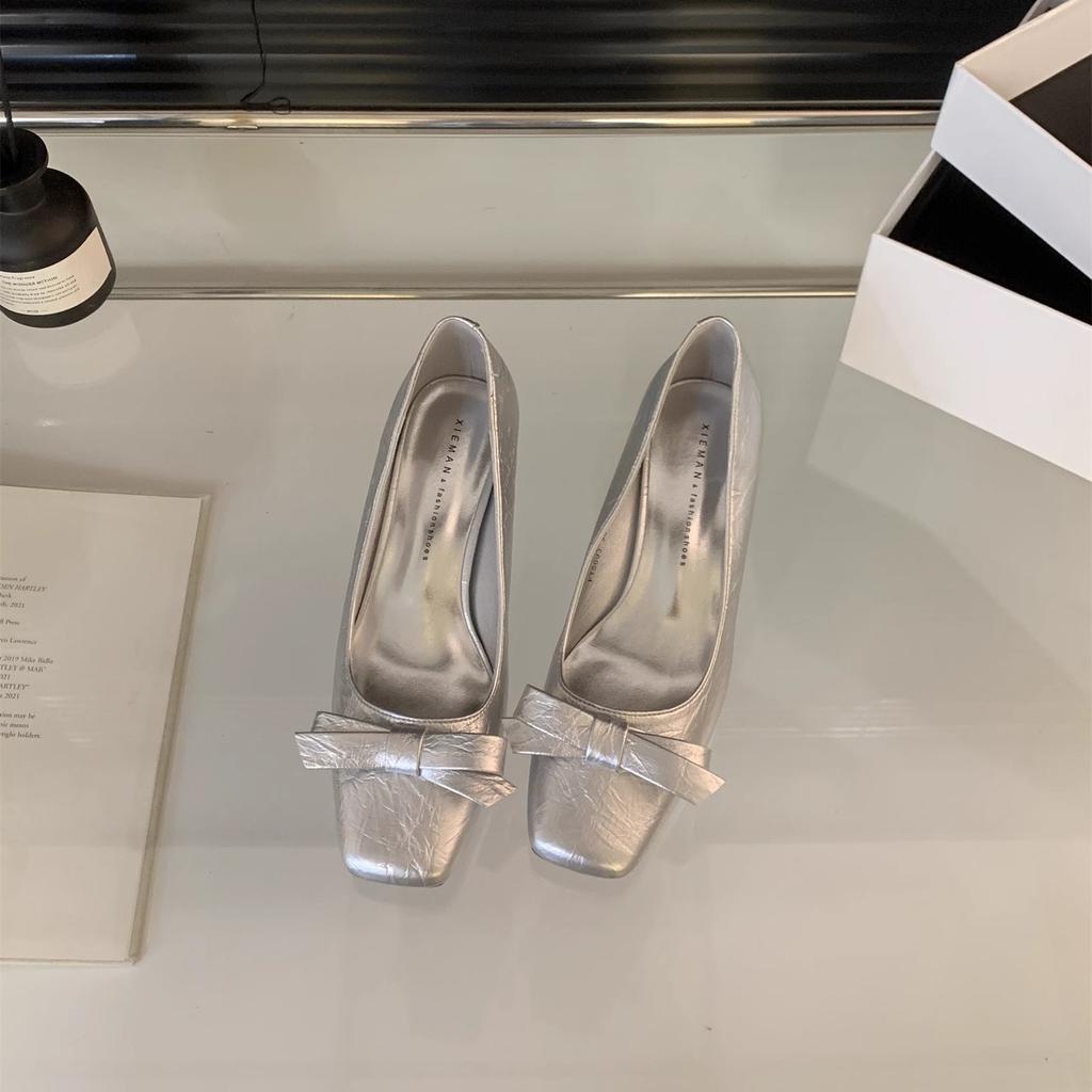 Burgundy High Heels 2025 Autumn French New Women's Shoes Square Head Bow Light Mouth Thick Heel Single Shoes