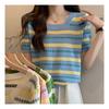 Navava Nk2039 Striped Flower Square Neck Short Sleeve Knit
