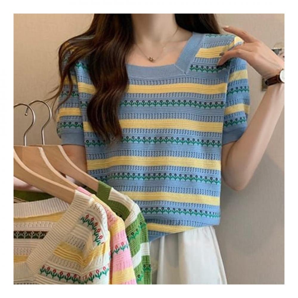 Navava Nk2039 Striped Flower Square Neck Short Sleeve Knit
