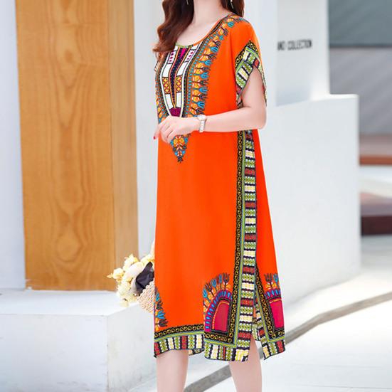 Women Dress Ethnic Style Round Neck Print Contrast Color Geometric Printing Pullover Loose Short Sleeves Midi Dress Women Clothes