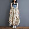 Summer Ladies Ruffled Dress Loose Chiffon Printed Denim Suspender Skirt