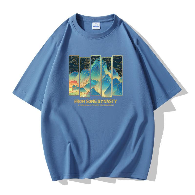 Landscape Painting Men Short Sleeves Cotton T-shirt Large Size Loose Tee