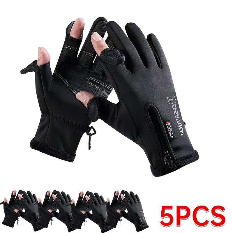Winter Outdoor Warm Gloves Bicycle Gloves Flip Exposed Two-finger Zipper Touch Screen Gloves Windproof Ski Fishing Gloves
