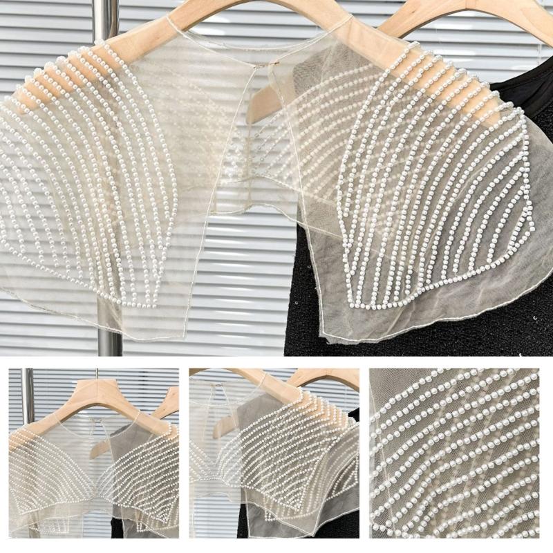 Japanese Women Girl Fake Collar Shawl Scarf Faux Pearls Beading Vintage Shoulder Wrap Sheer Organza Half Shirt Poncho