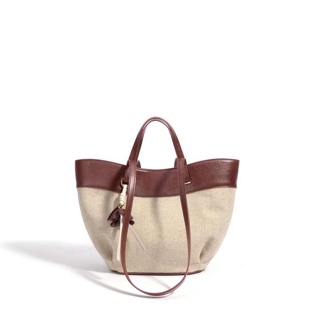 Bag Women's Contrast Color Retro Soft Leather Linen Large Capacity Tote Bag Portable Shoulder Underarm Bag