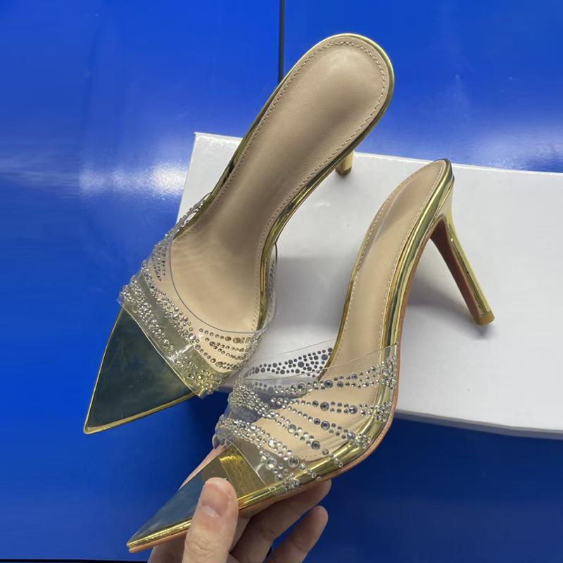 Liyke 7CM/8.5CM Women Fashion Catwalk Transparent Slipper Crystal Rhinestone High Heels Mules Sexy Pointed Toe Party Dress Shoes