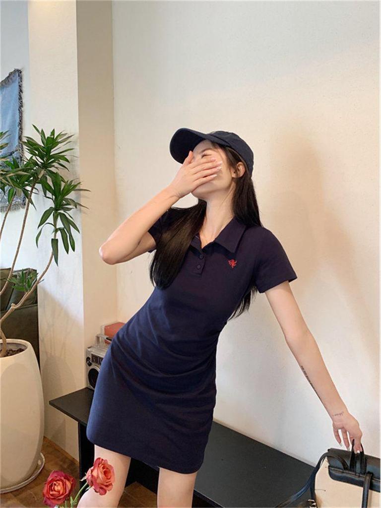 Women's Embroidered Polo Collar Short-Sleeved T-Shirt Dress - Waist-Cinching Slim Summer Long Skirt, Academy Style.