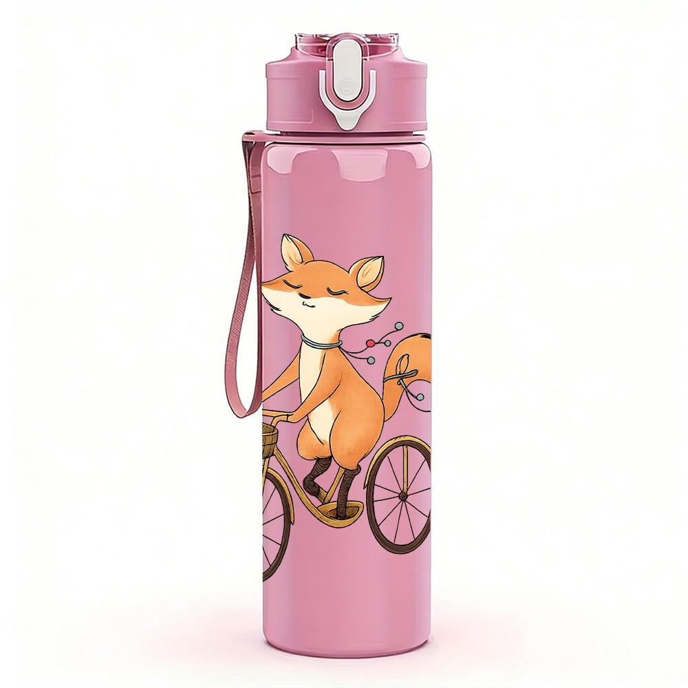 1PC Fox Riding Bicycle Art 750ml Color Plastic Sports Water Bottle Leakproof Flip Straw Lid Suitable for Sports Office Home Use